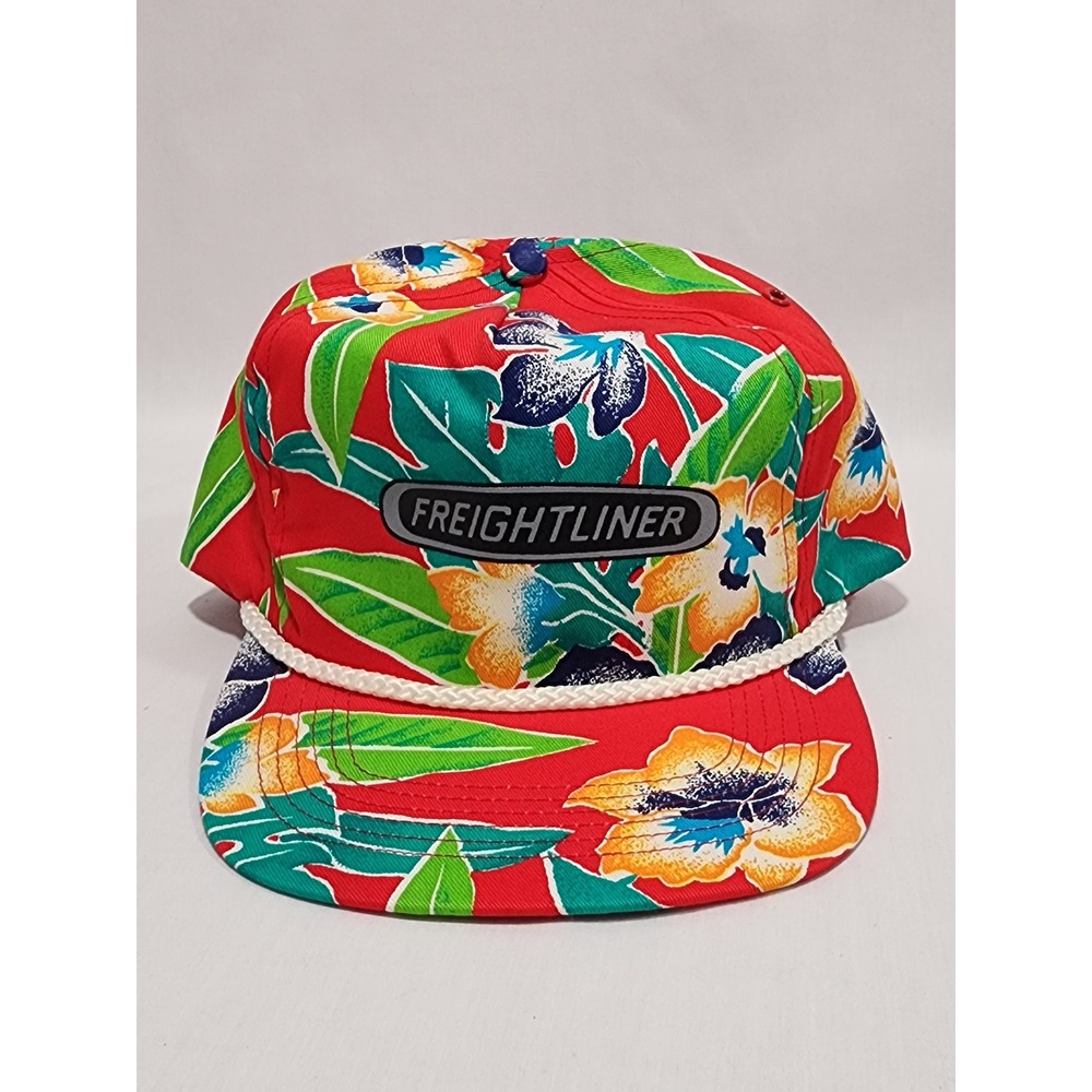 Vintage Freightliner San Sun Trucker Hat Red Tropical Floral Rope Snapback Cap